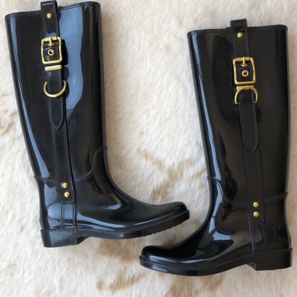 Black Coach Rain boots with Gold buckles